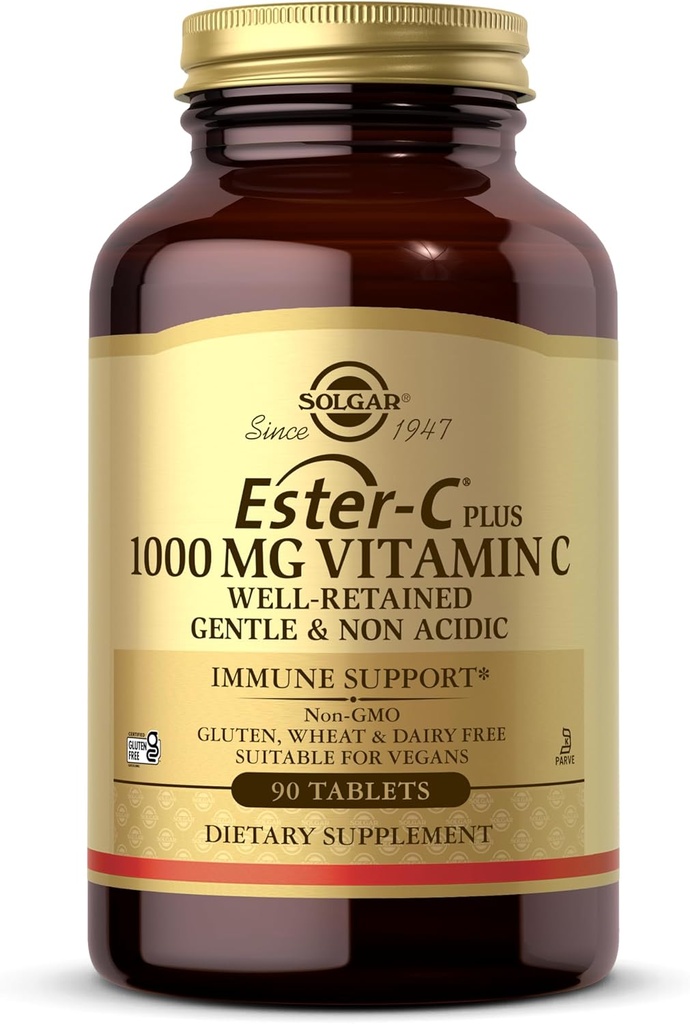 Solgar Ester-C Plus 1000 mg Vitamina C (Ascorbate Complex), 90 Tabletas - Gentle On The Stomach " Non Acidic - Antioxidant " Immune System Support - Non GMO, Vegan, Gluten-Free, Kosher - 90 Servings