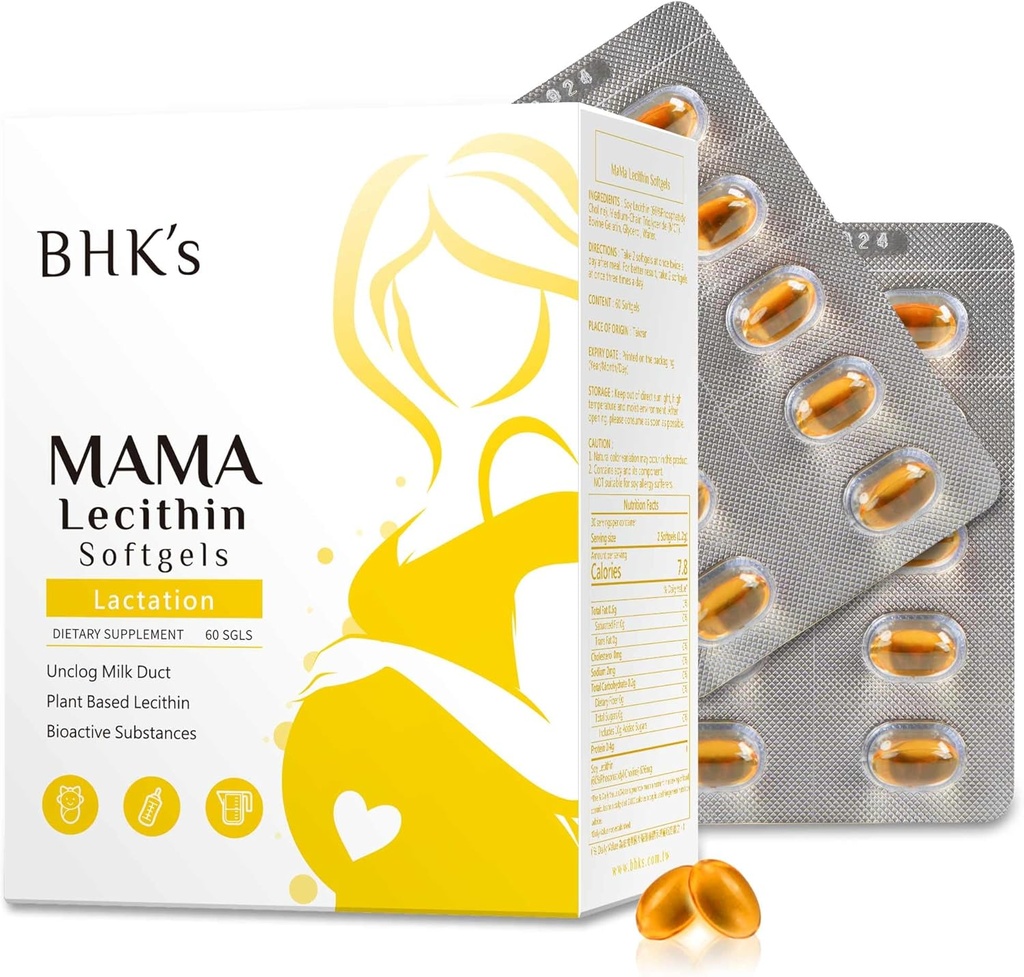 Mama Lecithin Softgels de BHK, Unclog Breast Ducts for Smoother Breastfeeding, Suplemento para el Embarazo, Evite las manchas de leche, 60 softgels, 2-Week Supply