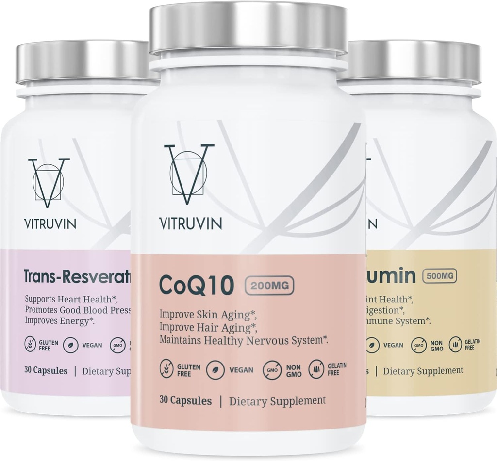 Vitruvin Beauty + Comfort Pack COQ10 200mg + Trans- Resveratrol 500mg + Curcumin 500mg, Vegan, Non-GMO, Gluten-Free, Gelatin-Free. Esquí saludable, oído, articulaciones y cerebro