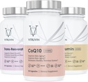 Vitruvin Beauty + Comfort Pack COQ10 200mg + Trans- Resveratrol 500mg + Curcumin 500mg, Vegan, Non-GMO, Gluten-Free, Gelatin-Free. Esquí saludable, oído, articulaciones y cerebro
