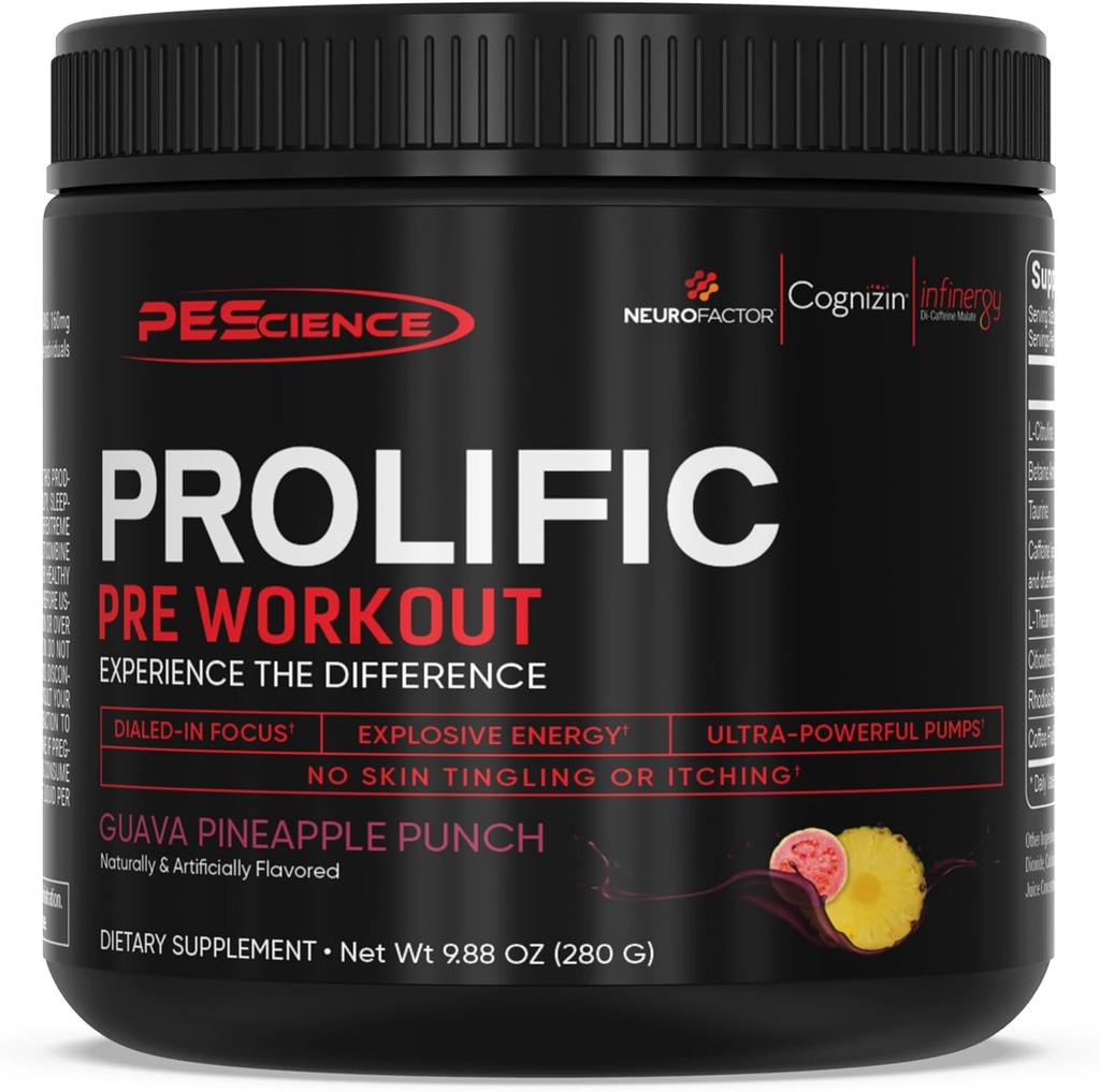 PEScience Prolific Pre Workout Powder para Hombres con L-Citrulline Nitric Oxide Booster, Energía Powder " Nootropic for Focus – Preworkout Sin Beta Alanine – 40 Scoops, Guava Pineapple Punch