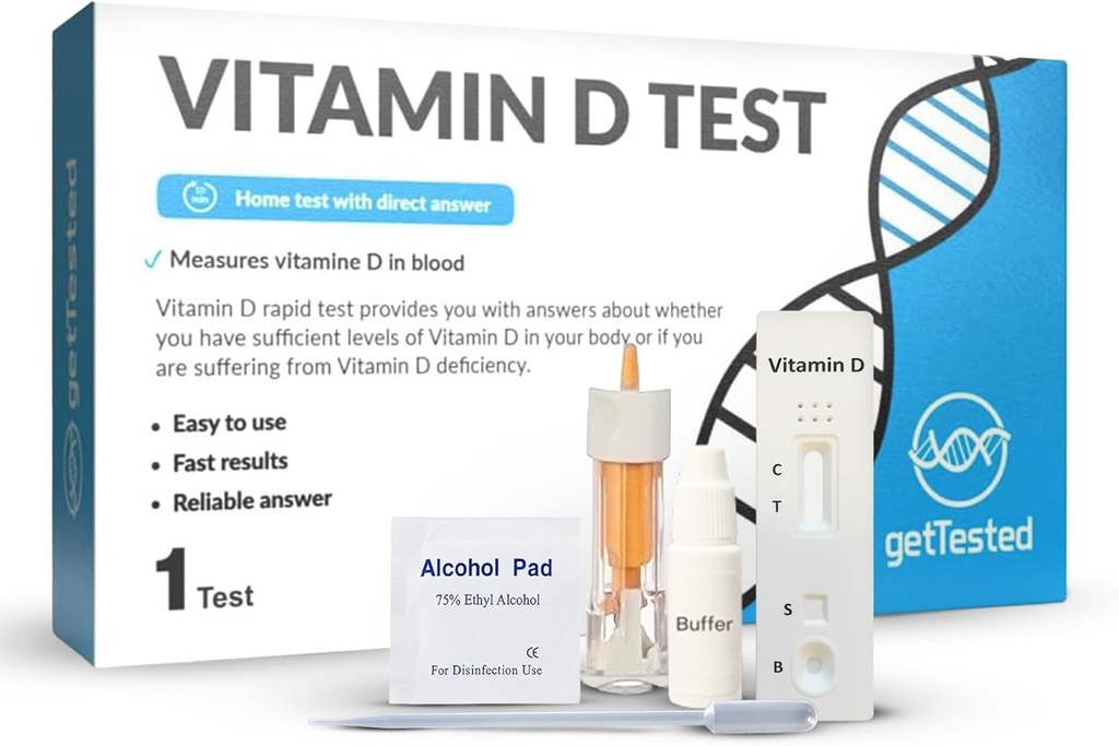 getTested Vitamin D Test Kit en el hogar - Self Test for Vitamin D Deficiency - Resultados rápidos y precisos - Fácil de usar - No se requiere laboratorio - Incluye Lancet Buffer Cassette - Finger Prick Blood Test