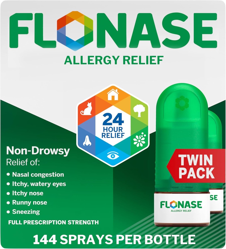 Flonase Alivio de la Alergia Nasal Spray, 24 horas Medicina de la Alergia No Dolorosa, Metered Nasal Spray - 144 Sprays (Pack of 2) - Caída y Alivio de la Alergia Estacional