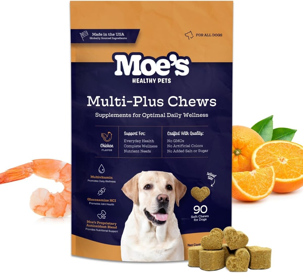 Moe 5-in-1 Perro esencial multivitamina 90 Chicken Flavored Chews for Dog's Immune Support, Heart, Skin, Coat, " Global Health- Vitamins A, B12, C, D, E, Antioxidants, Omega 3 for All Ages " Breeds