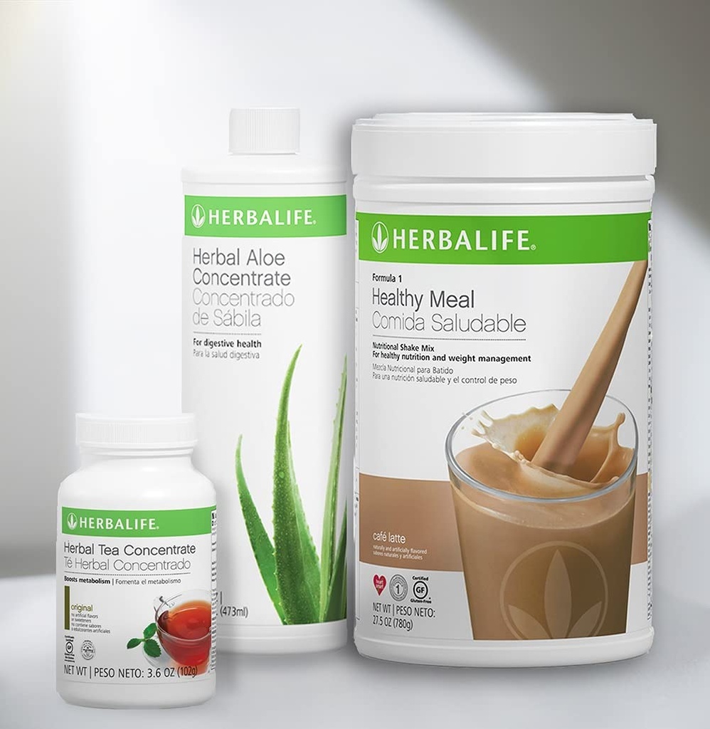 Trio Combo HERBALIFE Fórmula 1 Mezcla saludable de afeitado nutricional (Cafe Latte 780g)-Herbal Aloe Concentrate Pint (Original 473ml) - Herbal Tea Concentrate (Original 102g)