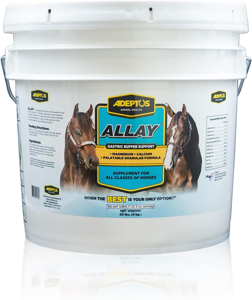 Adeptus Nutrition Allay Equine Supplement, Digestive Buffer w/Calcium &amp; Magnesium, Calming Granular Fórmula w/Licorice, Base Prebiótica, Yeast Culture, Support for All Classes of Horses, 20 Lbs
