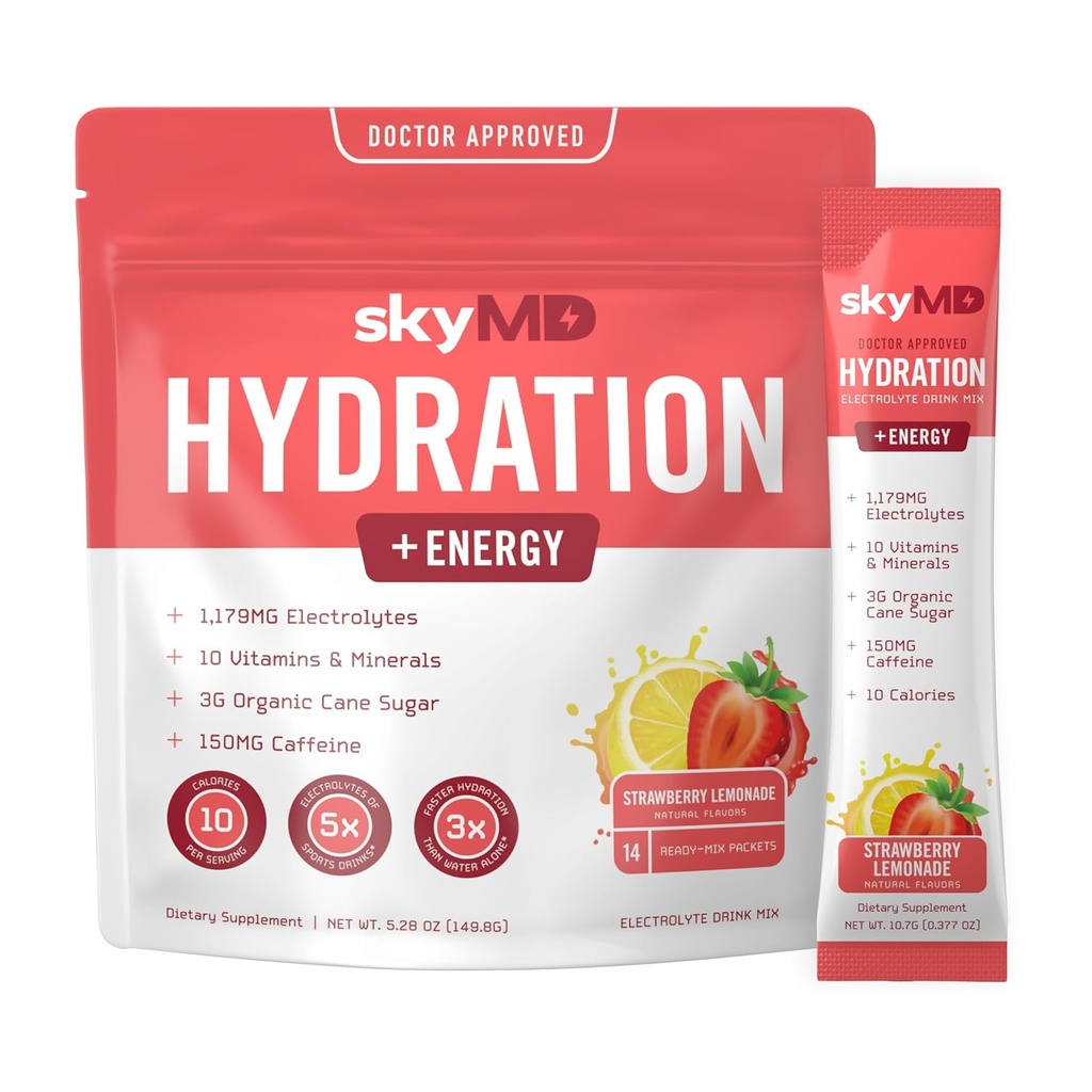 SkyMD Hydration + Energy ← Electrolytes Powder Packets TEN Low Sugar, Sodium, 10 Calories TEN 10 Vitaminas & Minerales TEN 150g Caffeine for increased Focus and Performance TEN Strawberry Lemonade TEN 14 Sticks