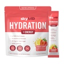 SkyMD Hydration + Energy ← Electrolytes Powder Packets TEN Low Sugar, Sodium, 10 Calories TEN 10 Vitaminas & Minerales TEN 150g Caffeine for increased Focus and Performance TEN Strawberry Lemonade TEN 14 Sticks