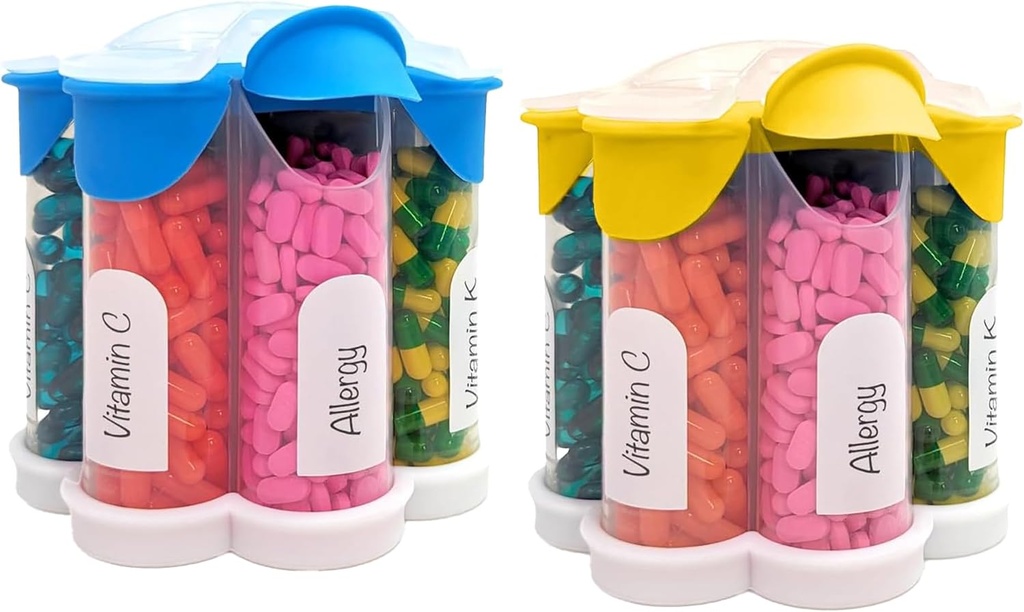 Organizador de píldoras extra grande diario, semanal, suplemento mensual botella, dispensador de píldoras lindo Blossom con 7 compartimentos XL (2 Pack Combo) (Light Blue y Amarillo)