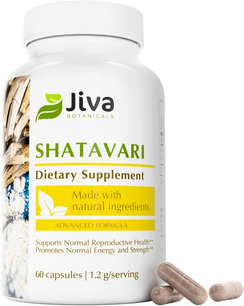 Jiva Botanicals Shatavari Capsules for Women – 1.200mg Organic Shatavari Powder for Hormonal Balance, Women’s Reproductive Health & Menopause Support – Non-GMO, Vegan, Gluten-Free – 60 cápsulas