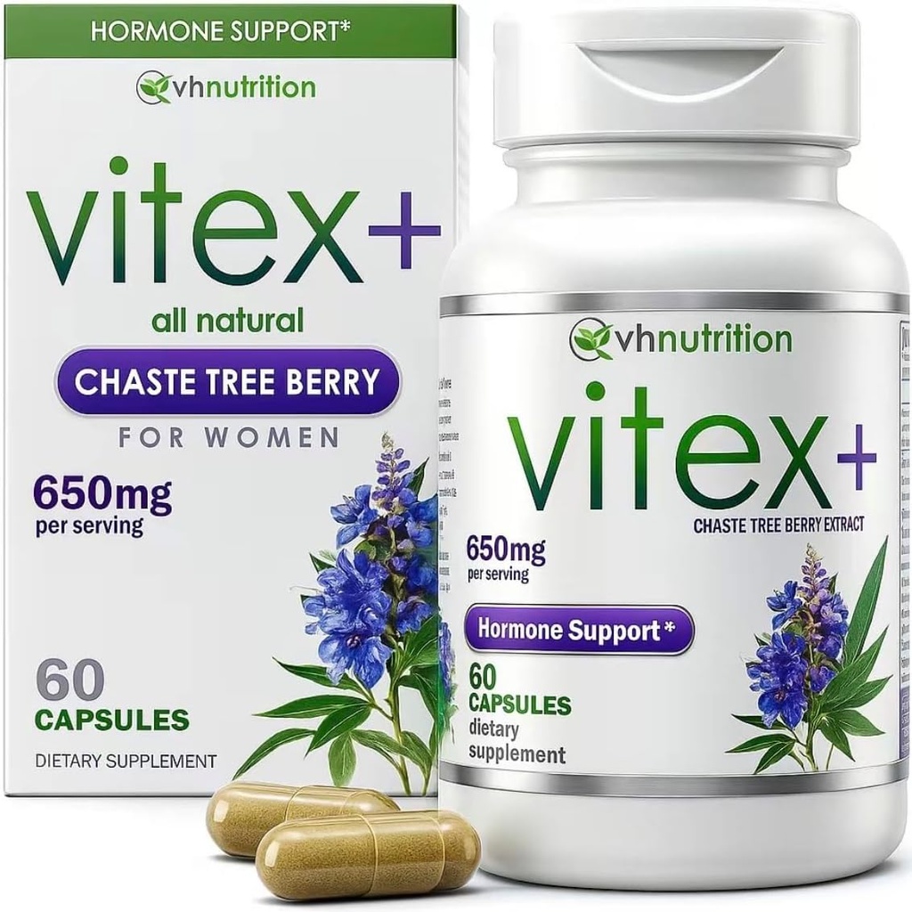 VH Nutrition VITEX+ Silencio Vitex Chasteberry Supplement for Women ← Hormonal Balance* y Fertility Support* ← 650mg Por Serving of Vitex Berry Extract Powder ← 60 Capsules