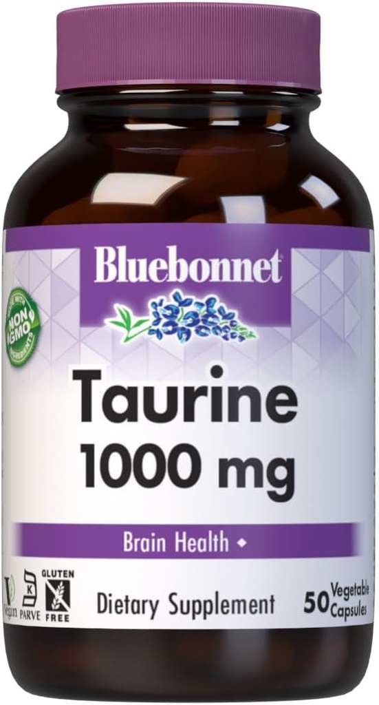 Bluebonnet Nutrition Taurine 1000 mg, Nervous System Health*, Non-GMO, Vegan, Kosher Certified, Gluten-Free, Soy-Free, 50 cápsulas vegetales, 50 servicios