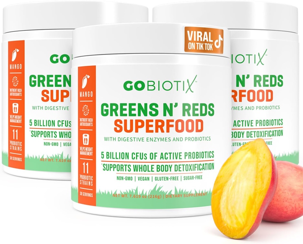 GOBIOTIX Super Verdes y Rojos Polvo - Superalimentos Rojos y Verdes - Suplemento Probiótico - Enzimas Digestivos y Polvo de Hoja - Alimentos Orgánicos enteros Suplemento dietético (Mango, 3 Pack)