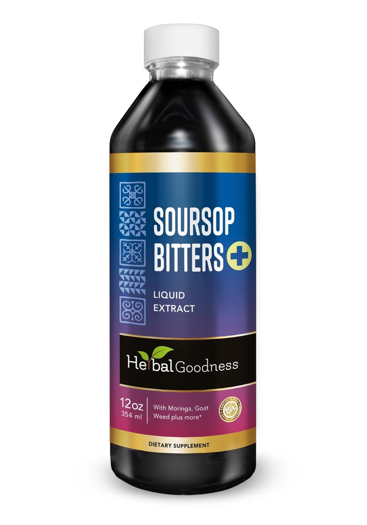Herbal Goodness Soursop Bitters Liquid Drops, 10 in 1 with Moringa, Papaya, Burdock &amp; Ginger, Organic Serene Soursop Bitters - Gut Support & Natural Body Detox Herbal Tonic  Vegan, Non-GMO, 12 Fl Oz