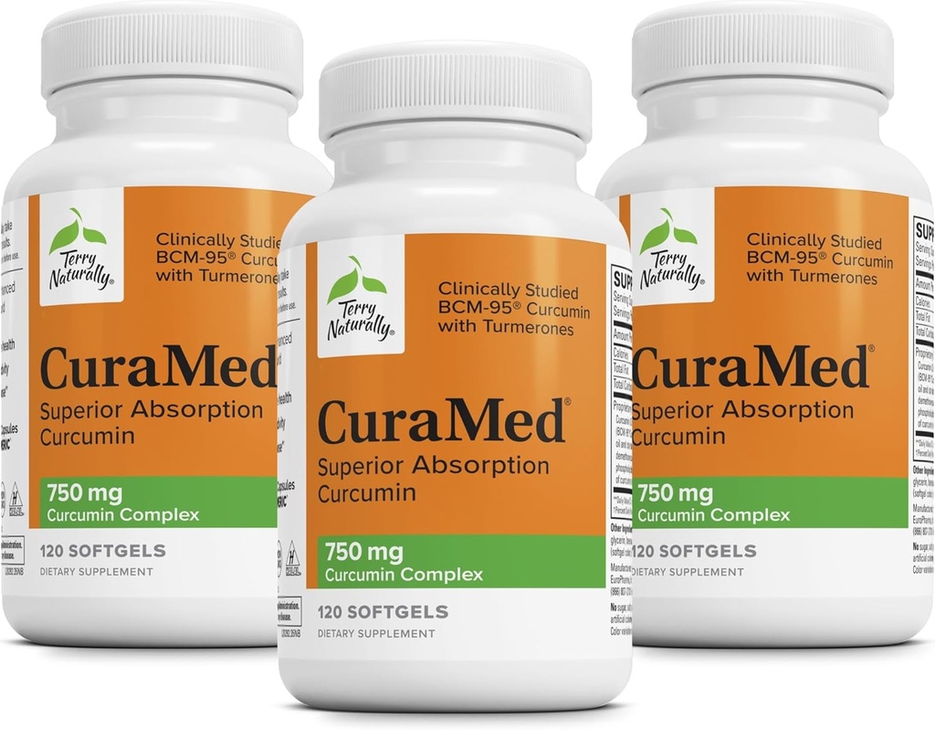 Terry Naturalmente CuraMed 750 mg - Suplemento Antioxidante para la salud del cerebro y del corazón - Suplemento con Complejo de Curcumina de alta potencia - Kidney, Liver &amp; Immune Health Support - 120 Softgels (Pack of 3)