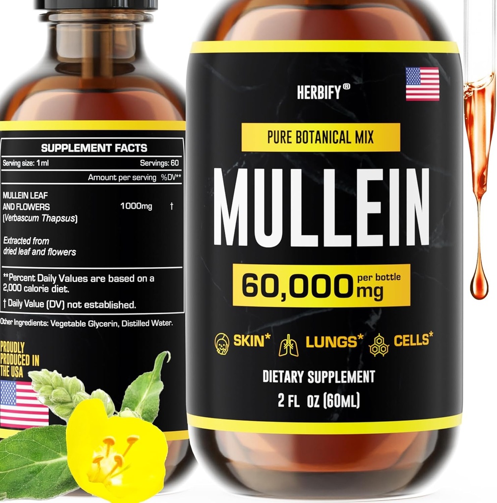 HERBIFY Mullein Extracto 2 oz Tintura para la salud respiratoria, hoja de Mullein y flores Blend (Verbascum Densiflorum)
