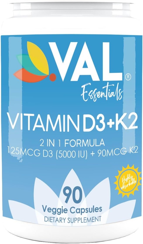 VAL Vitamina D3 + K2 (MK-7) 5000 UI &amp; 90 mcg – Bone & Heart Health Support – High Potency, Non-GMO, Easy to Swallow – 90 cápsulas Vegan – D3 K2 Suplemento Hecho en EE.UU.
