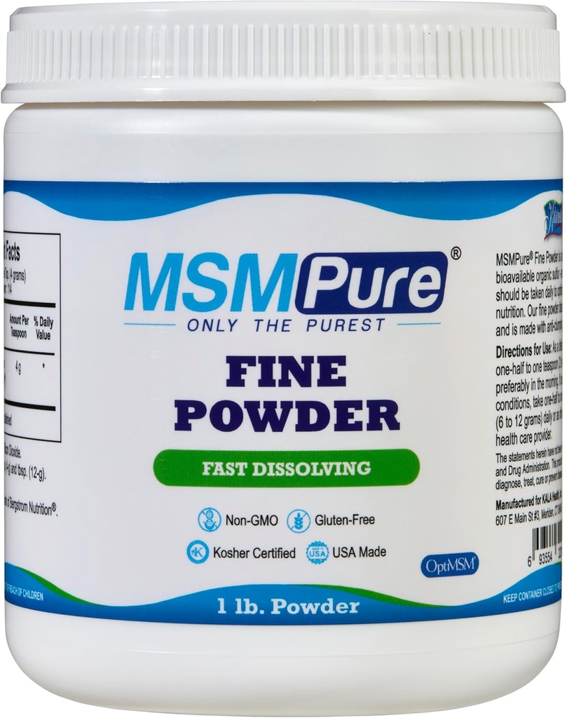 KALA HEALTH MSMPure Fast Dissolving Fine MSM Powder Crystals – US-Made MSM for Joint Health, Skin Appearance, and Hair & Nail Support – 1 lb, Organic Sulfur