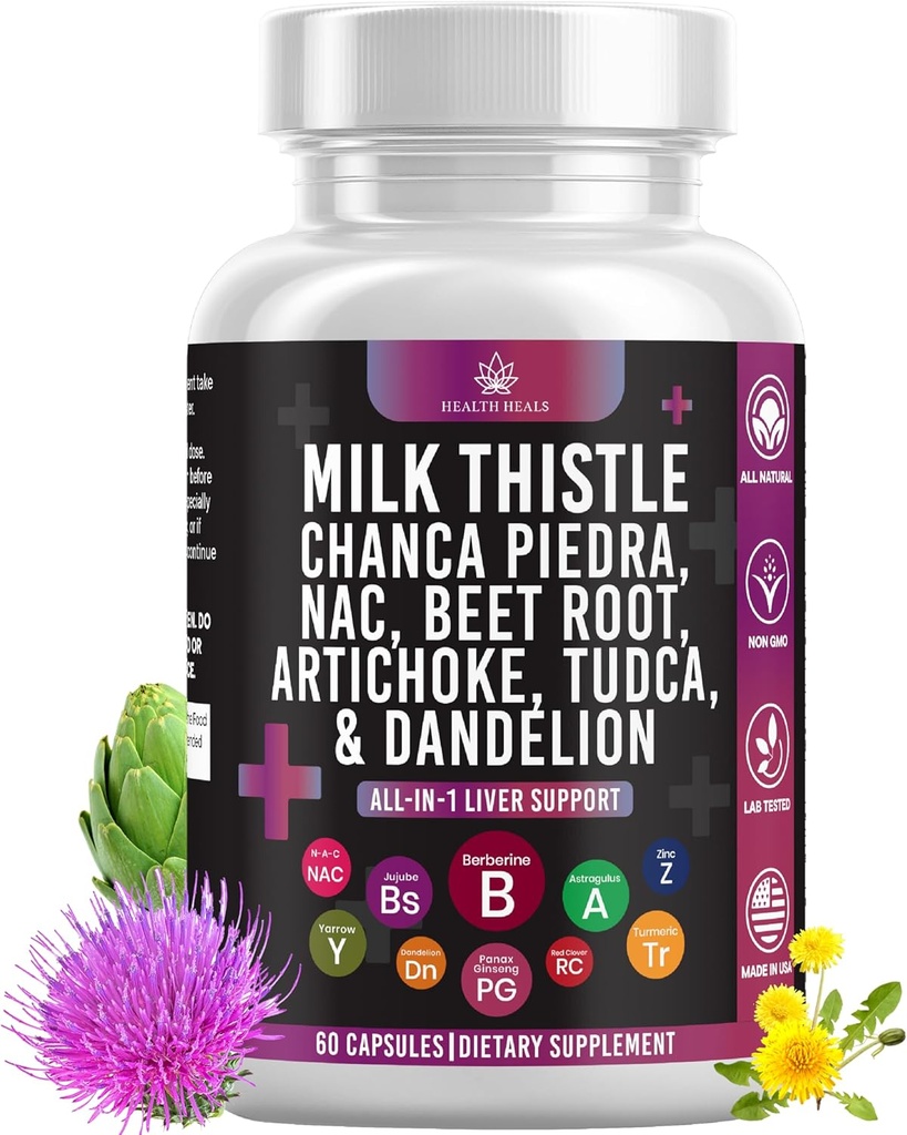 Leche Thistle NAC Chanca Piedra Beet Root Artichoke Dandelion Root- Liver Suplemento Plus Astragalus TUDCA Choline &amp; Ginger- 60 Conde