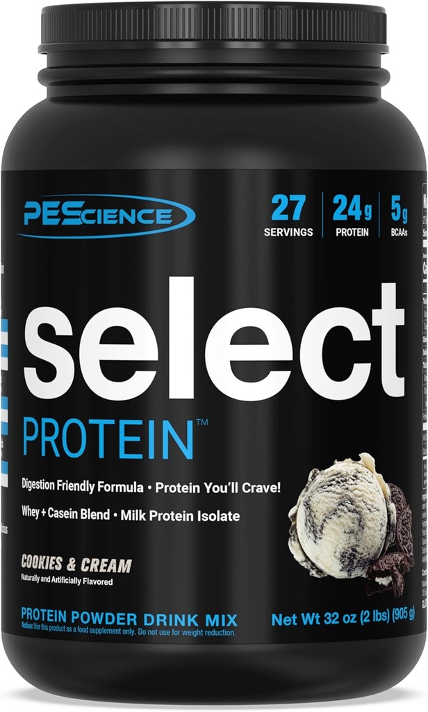 PEScience Select Protein Powder, Whey and Casein Blend, Clean Protein Powder for Women and Men, Low Calorie, Low Carb, Keto Friendly, Gluten Free - Cookies y Crema - 27 Servings