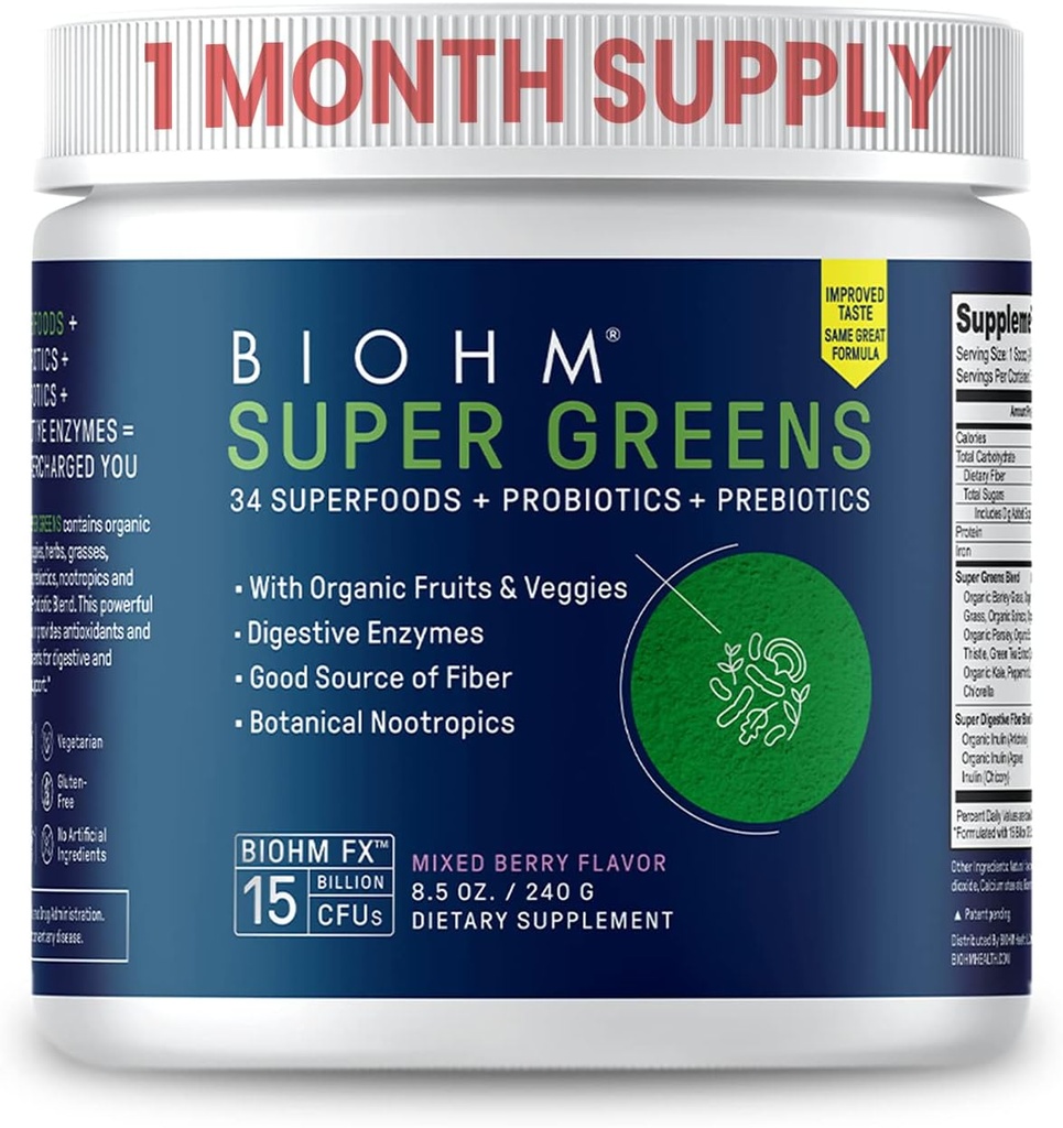 BIOHM Super Greens, Green Superfood Powder (8.5 Oz, 30 Servings) Antioxidant Veggie Powder " Smoothie Mix, 34 Superfoods " Spirulina, Digestive Enzymes, Prebiotics and Probiotics, Mixed Berry Flavor
