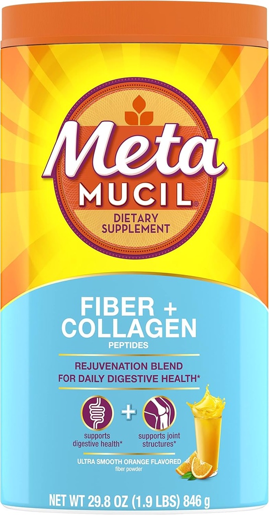 Metamucil Fibra diaria + colágeno, Psyllium Husk Powder, Suplemento de fibra de base vegetal, libre de azúcar con Stevia, Suplemento de fibra de 3 en-1 para la salud digestiva, sabor a naranja, 90 dosis