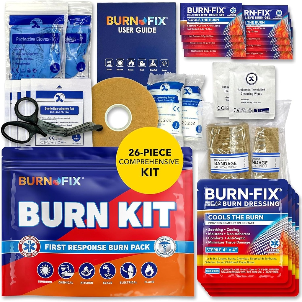 BurnFix® Burn Kit First Aid for Burns Emergency – 26-Piece Burn Treatment with Cooling Gel, Dressings & Gloves – Kitchen, Sunburn, Chemical &amp; Scald Relief – Home, Office, Travel