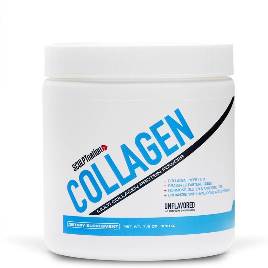 Sculpt Nation by V Shred Collagen Peptides Powder - Tipos I, II, y III Collagen Plus Ácido Hialurónico para apoyar el cabello sano, uñas, piel, huesos y salud conjunta - Desenflavorado, 30 Day Supply