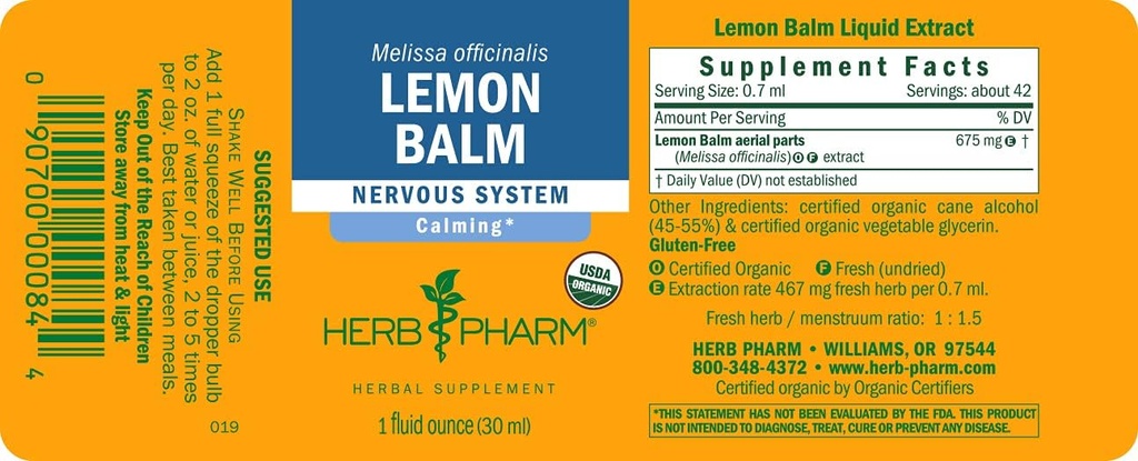 Herb Pharm Certified Organic Lemon Balm Liquid Extract for Calming Nervous System Support, Organic Cane Alcohol, 1 Ounce (Pack of 5)