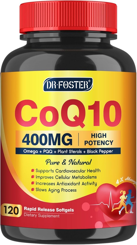 CoQ10 400mg SoftGels COQ10 - CQ10 Coenzyme Q10 Suplemento, Plus PQQ, Omega 3 y vitamina E, para el corazón y energía celular, 120 Servimientos
