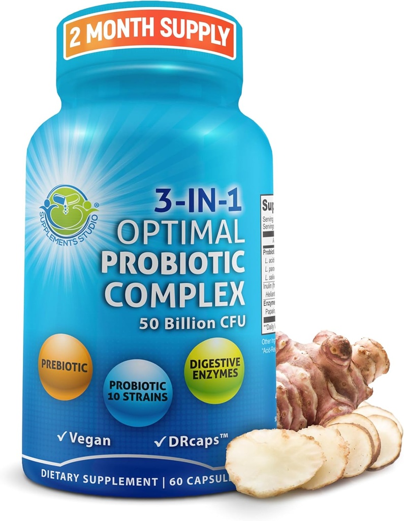 Probióticos con Enzimas Digestivas y Prebiótico para Mujeres y Hombres - Complejo multienzima multiprobiótico de 3 en-1 para la salud de Gut - Maximum Absorption Delayed-Release Capsules