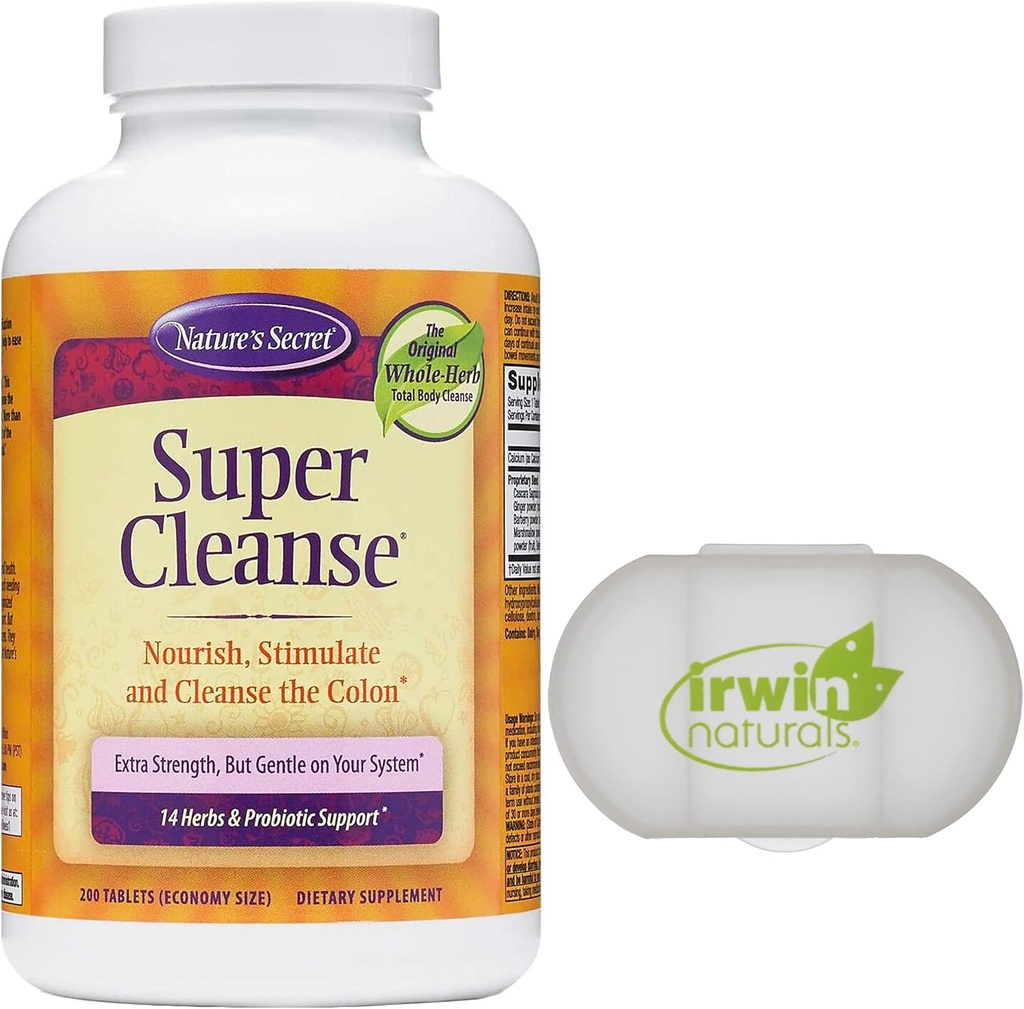 Naturaleza Secreto Super Cleanse Extra Strength Toxin Detox &amp; Gentle Elimination Total Body Cleanse, Digestive & Colon Health Support, 200 Tablets, with a Pill Case