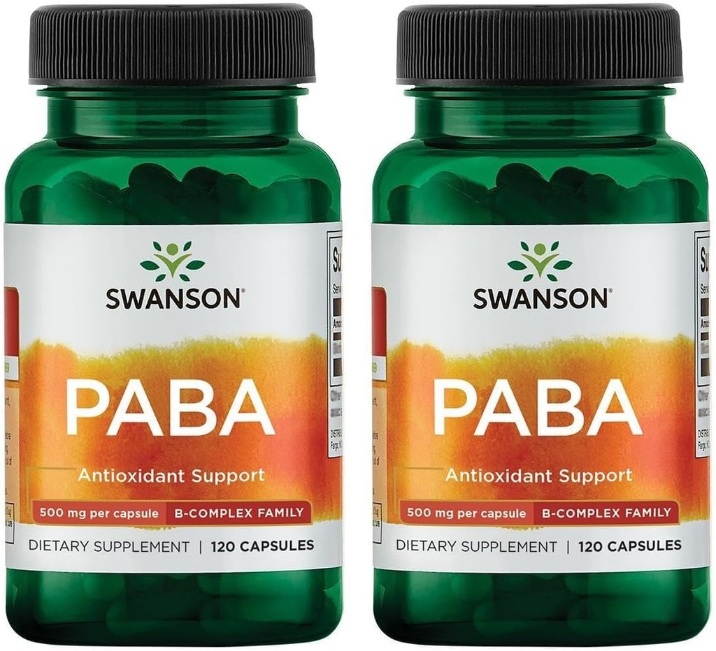 Swanson PABA - Complejo potente B Apoyo a la formación de células rojas de sangre - Folic Acid Component Aiding Supply Oxygen to Cells and Skin Health Support - (120 cápsulas, 500 mg cada uno) (2 Pack)