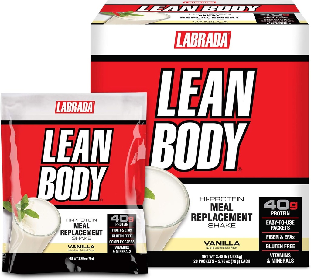 Lean Body MRP All-In-One Vanilla Meal Replacement Shake, 40g Protein, Whey Blend , 8g grasas saludables Fiber de EFA, 22 vitaminas y minerales , No color artificial, Gluten Free, (20 paquetes)