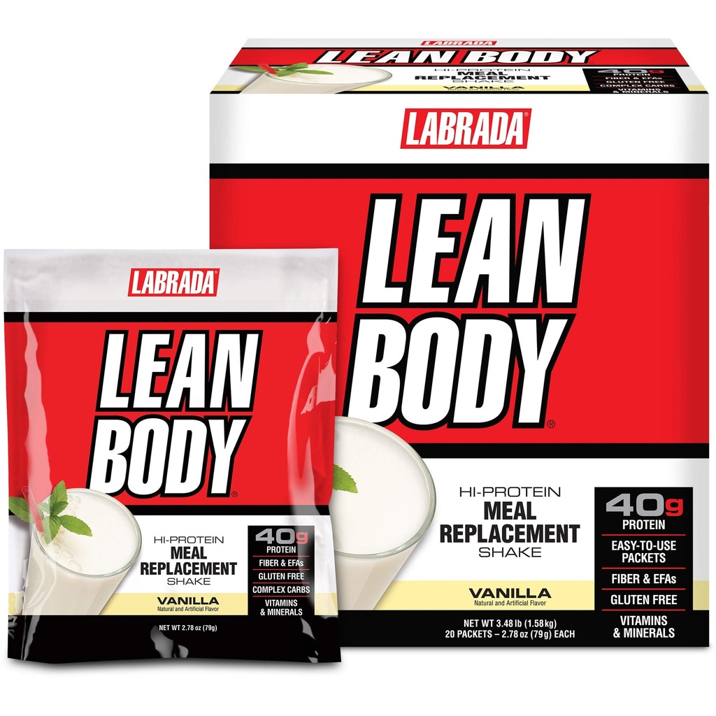 Lean Body MRP All-In-One Vanilla Meal Replacement Shake, 40g Protein, Whey Blend , 8g grasas saludables Fiber de EFA, 22 vitaminas y minerales , No color artificial, Gluten Free, (20 paquetes)