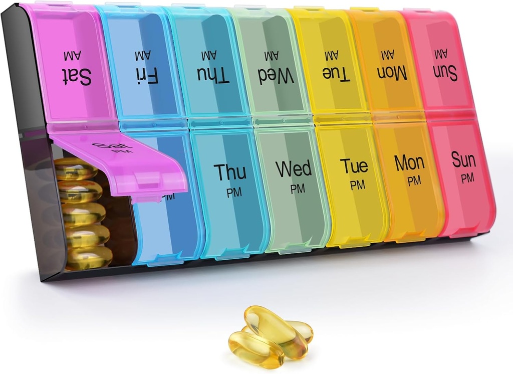 GREENCYCLE Extra Large Weekly Pill Organizer 2 Times A Day,7 Day Pill Box AM Planner Medicine Dispenser Case with XXL Compartment Home Pill Container for Vitamins Fish Oil Supplements (Rainbow)
