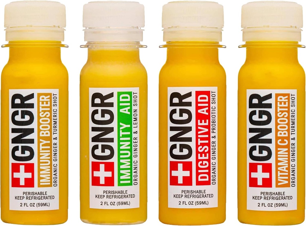 +GNGR 24 Shots Variety Pack of Organic Immunity Boosting Ginger Shots - Cold Pressed Ginger Shots for All Natural Digestive and Immune Support - Nothing Artificial - USDA Organic 2 fl oz (Pack of 24)