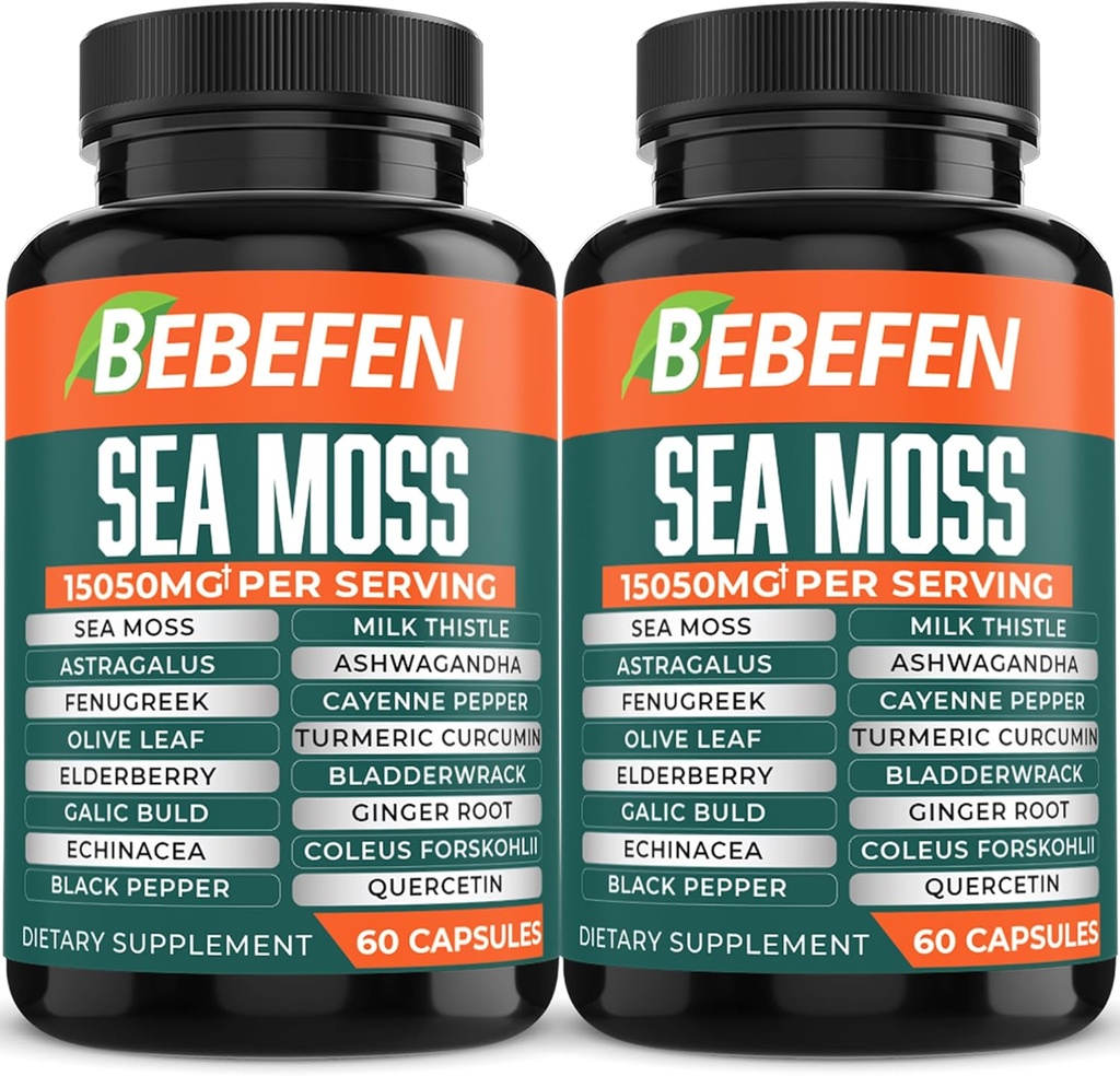 BEBEFEN (2 Packs) 15050mg Sea Moss Capsules with Ashwagandha, Fenugreek, Bladderwrack and More - Immune System & Body Management