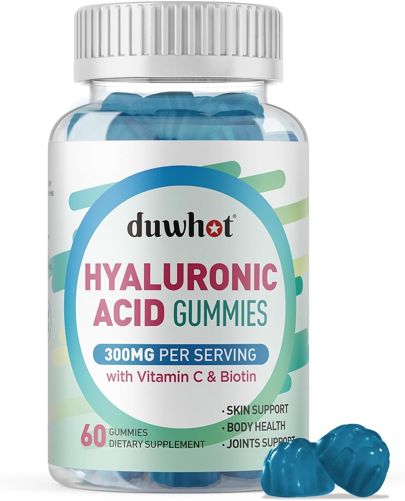 Gummies de ácido hialurónico, Suplementos de ácido hialurónico con vitamina C & Biotina 5000mcg para la piel, el cabello, salud de uñas, suplementos conjuntos para hombres de mujeres, bajo azúcar, vegano, no GMO, 60 condes