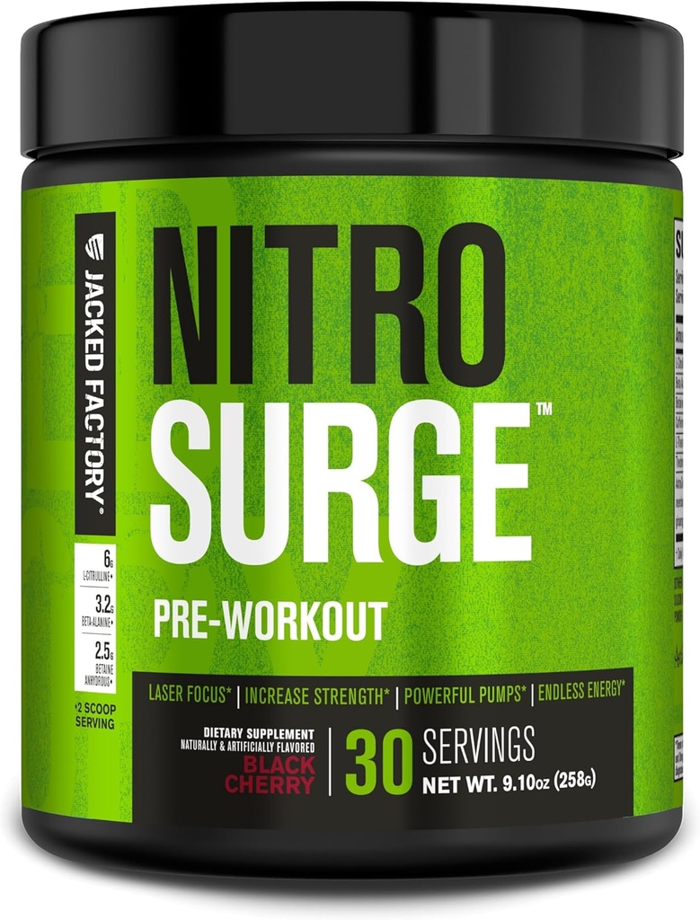 Jacked Factory NITROSURGE Pre Workout Supplement - Endless Energy, Instant Strength Gains, Clear Focus and Intense Pumps - NO Booster & Powerful Preworkout Energy Powder - 30 Servings, Black Cherry