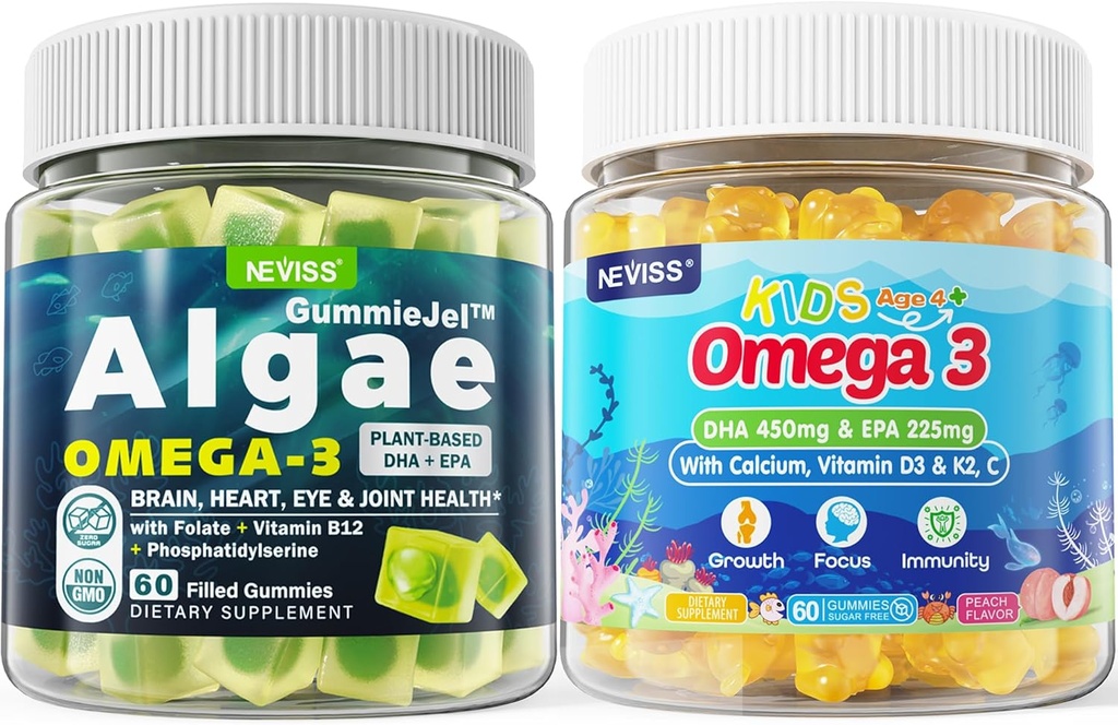 Vegan Omega 3 Gummies 1 Pack + Azúcar Omega 3 Gummies para niños 2 Pack
