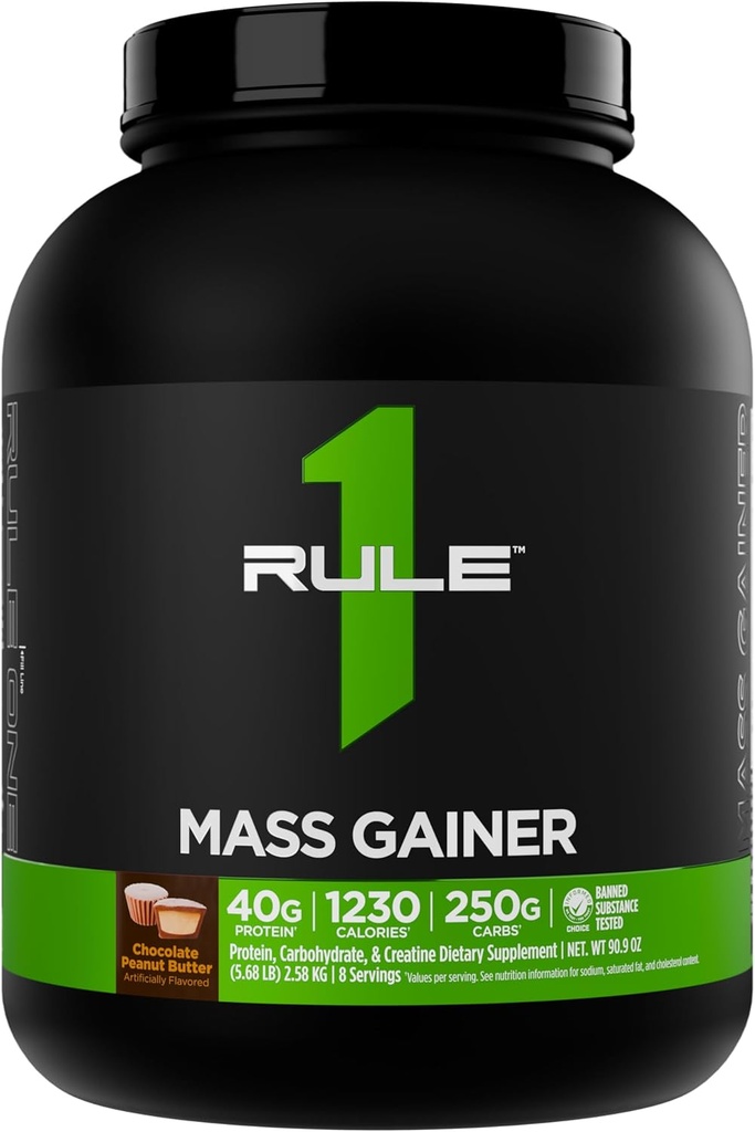 Regla 1 Gainer de Masa - Fórmula de alto nivel con 1.220+ Calories, 250g+ Complejo Carb Blend, 40g All-Whey Protein Por Servir (8 Servimientos, mantequilla de maní de chocolate)