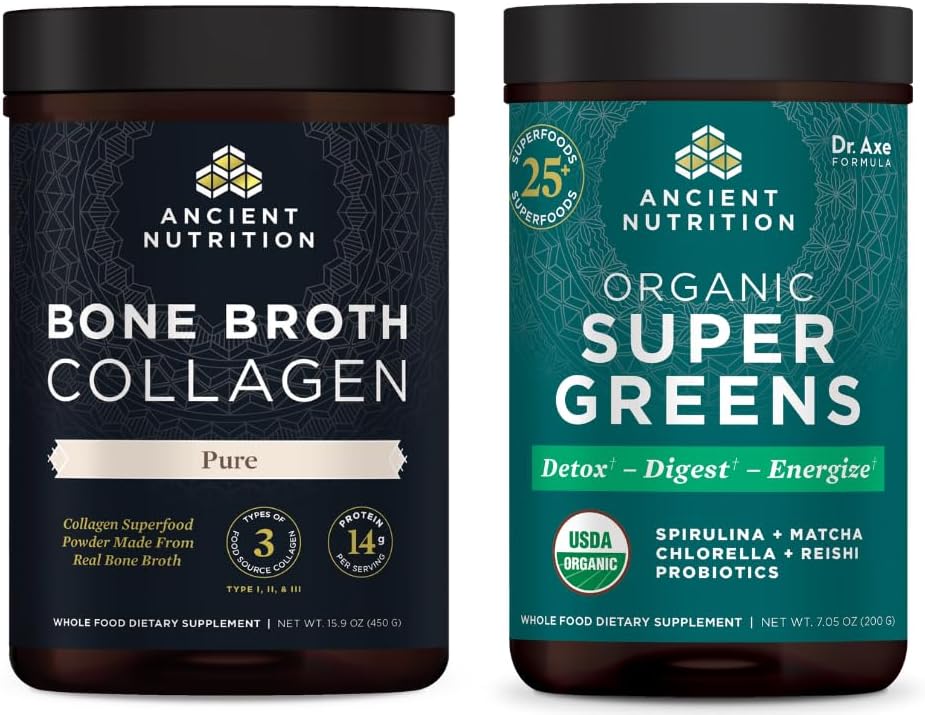 Ancient Nutrition Bone Broth Collagen Powder, Pure, 30 Servings + Organic Supergreens Powder, Greens Flavor, 25 Servings