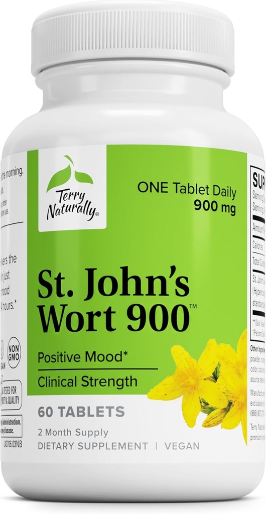 Terry Naturalmente St John's Wort 900-60 Tablets - Proporciona la dosis clínica completa - No GMO, Vegan, Gluten Gratis - 60 Servings