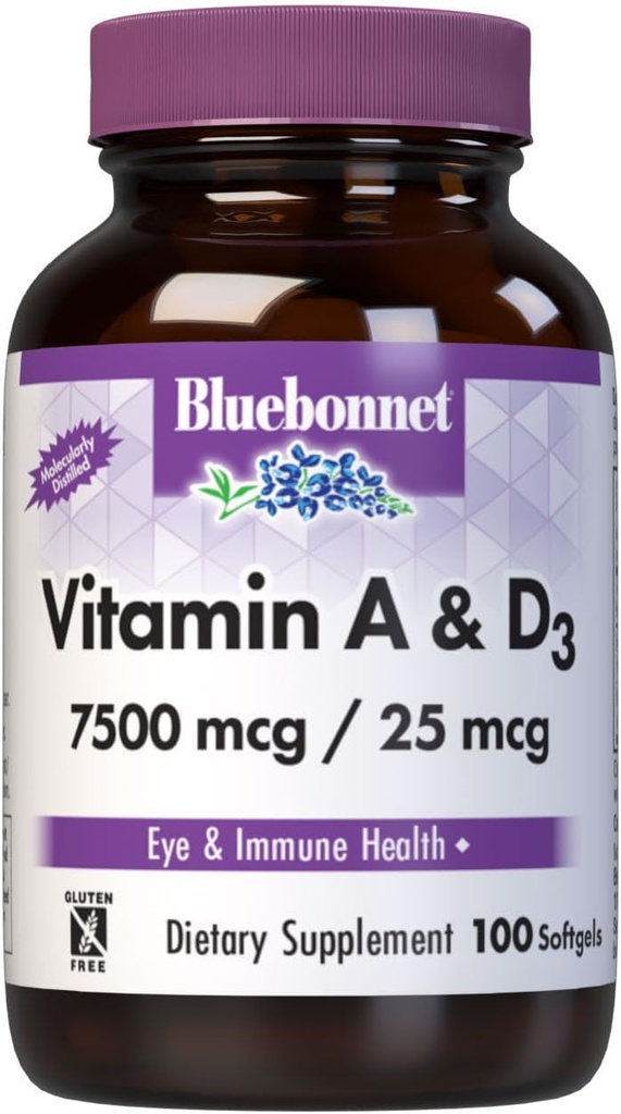 Bluebonnet Nutrition Vitamin A & D3 25,000 IU/1,000 IU from Deep Sea, Cold Water, Fish Oil - For Eye Health & Immune Function* - Gluten Free - Dairy Free - Molecularly Distilled - 100 Softgel/Servings