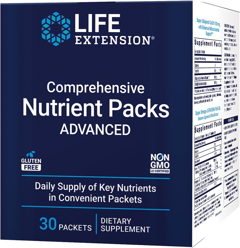 Extensión de la vida Paquetes completos de nutrientes Avanzados, Curcumin, aceite de pescado, multivitamina, CoQ10, multis y suplementos, 30 paquetes en marcha, sin gluten, sin gluten
