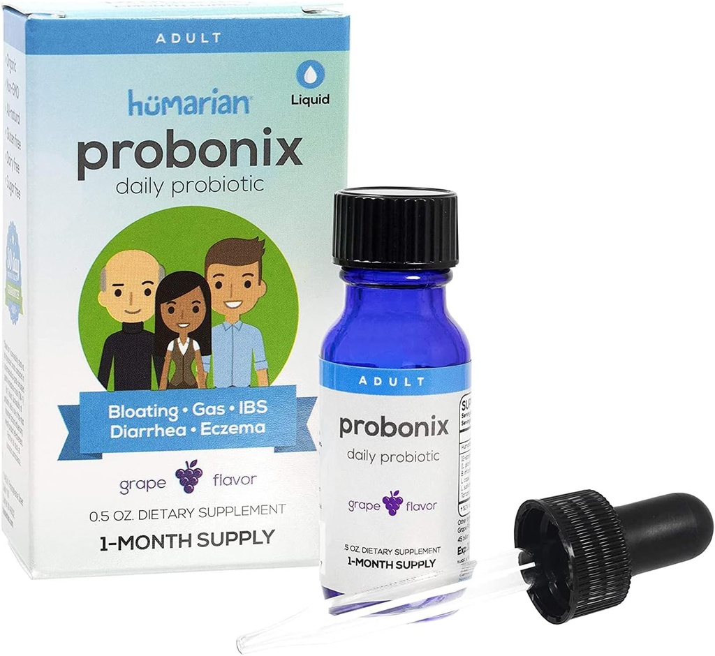 Probióticos líquidos Probonix Humarian para adultos - 12-Strain Probiotic Drops to Fortify Gut Health, Immunity and More - 30-Day Supply - Delicious Grape Flavor