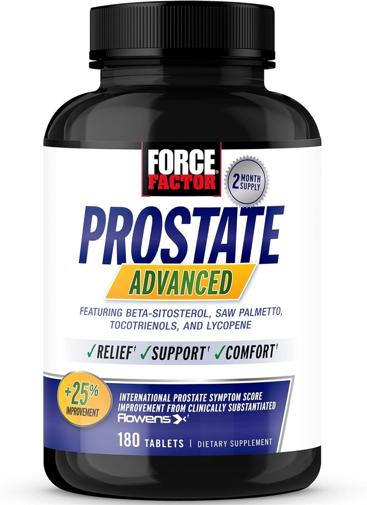 FORCE FACTOR Prostate Advanced, Health Supplement for Men for Reducing Nighttime Baño Trips, Vejiga &amp; Urinary Relief, con Saw Palmetto, Beta-Sitosterol, 180 Tablets (1-Pack)