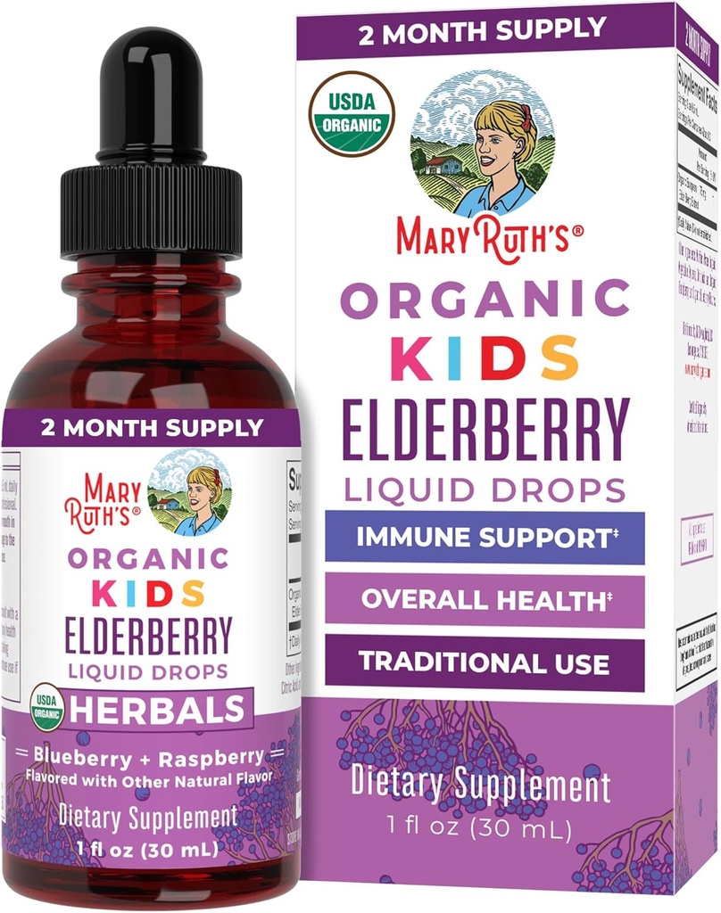 MaryRuth Organics USDA Organic Elderberry Liquid Drops for Kids | Vegan Elderberry Extract Organic Glycerin | Immune Support Supplement | Overall Health | Formulated for Ages 4-13 | 1oz