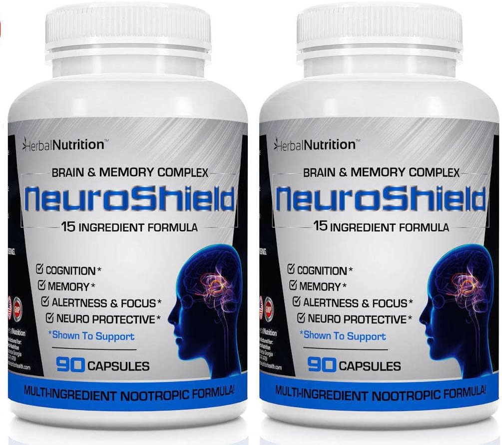 NeuroShield, Brain Supplement a Nootropic Brain Booster and Memory Supplement, Contains Huperzine A, Ginko Biloba, Bacopa Plus Antioxidants for Brain Health, Multi-Ingredients, 2 Bottles, 180 Capsules